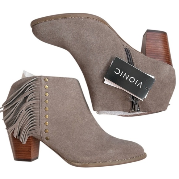 NEW Vionic Leather Faros Fringed Studded Ankle Boots Greige Size 9 Retail $160